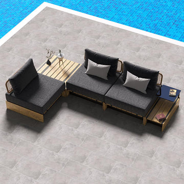 5Pcs Teak Outdoor Sectional Sofa Set with Coffee Table and Cushion in Natural & Gray